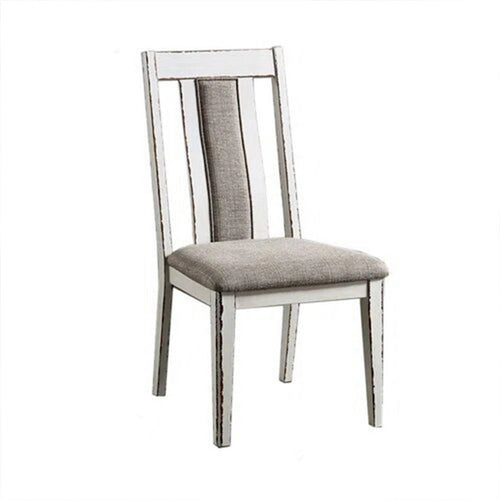 24 Inch Dining Side Chair Set of 2, Rustic White Wood, Gray Fabric Seat