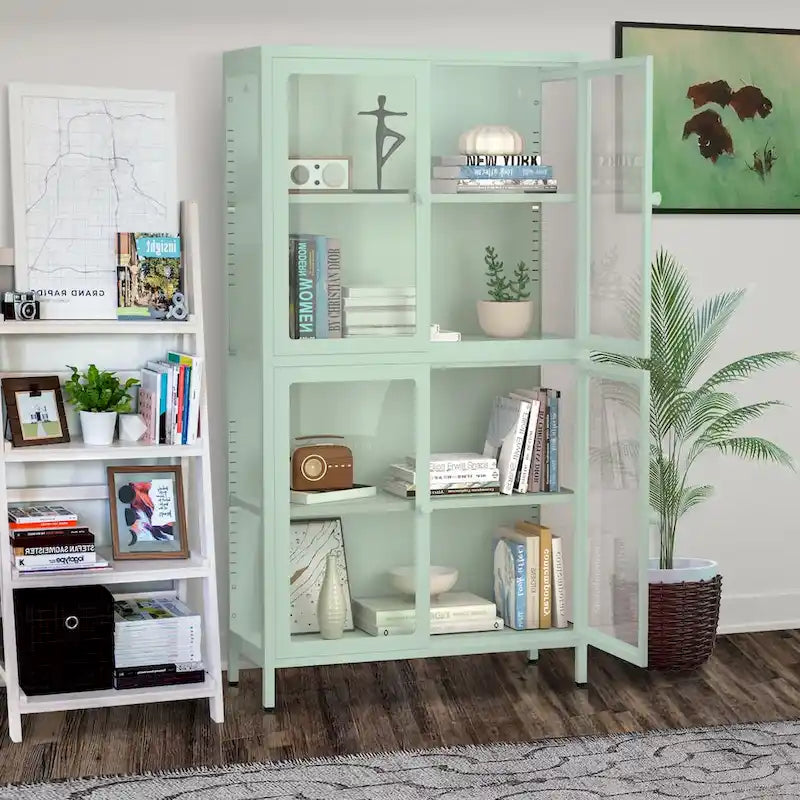 Four Glass Door Storage Cabinet with Adjustable Shelves and Feet Cold-Rolled Steel Sideboard Furniture