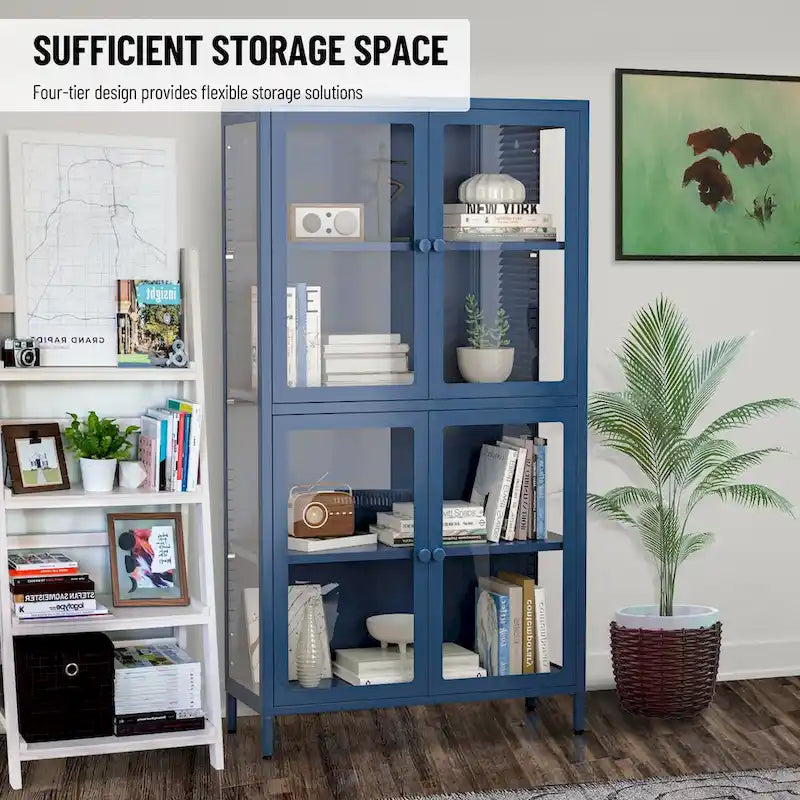 Four Glass Door Storage Cabinet with Adjustable Shelves and Feet Cold-Rolled Steel Sideboard Furniture