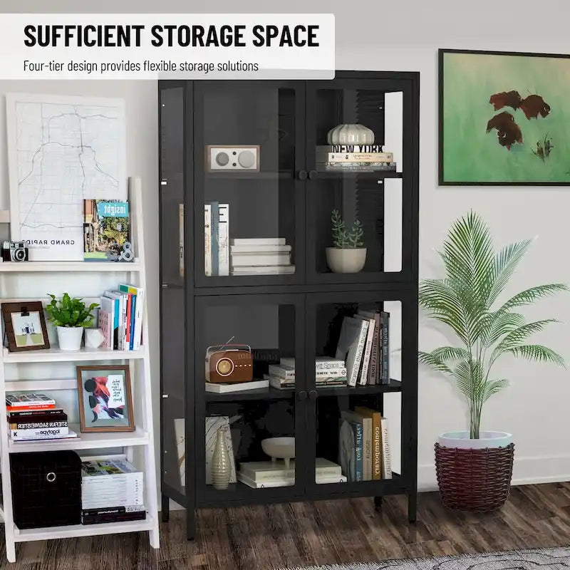 Four Glass Door Storage Cabinet with Adjustable Shelves and Feet Cold-Rolled Steel Sideboard Furniture