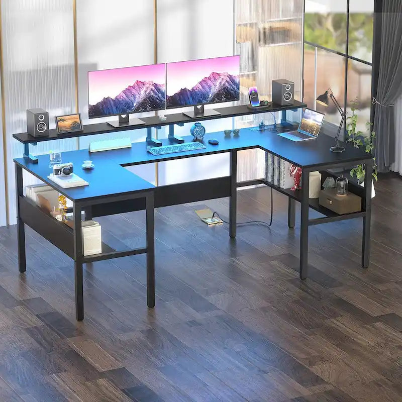 U-Shape Reversible Gaming Desk Monitor Computer Table with USB Ports and LED Lights