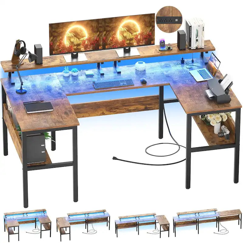U-Shape Reversible Gaming Desk Monitor Computer Table with USB Ports and LED Lights