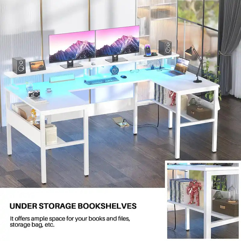 U-Shape Reversible Gaming Desk Monitor Computer Table with USB Ports and LED Lights