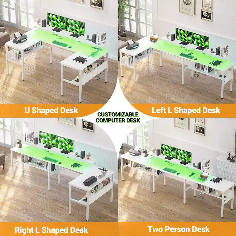 U-Shape Reversible Gaming Desk Monitor Computer Table with USB Ports and LED Lights