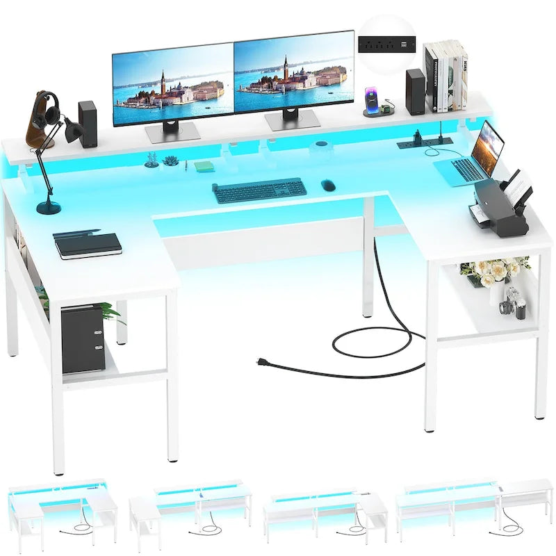 U-Shape Reversible Gaming Desk Monitor Computer Table with USB Ports and LED Lights