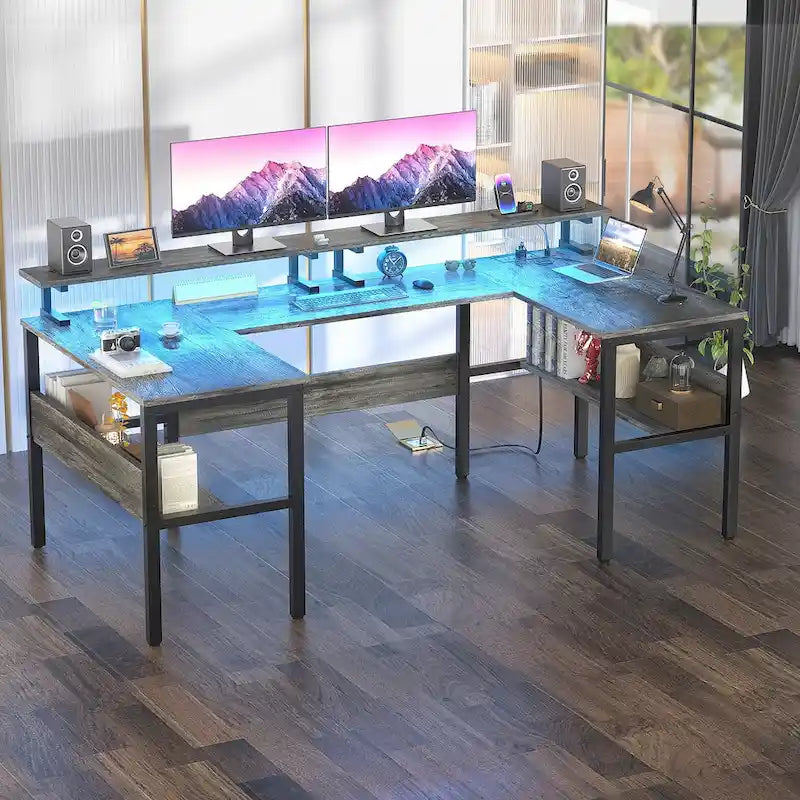 U-Shape Reversible Gaming Desk Monitor Computer Table with USB Ports and LED Lights