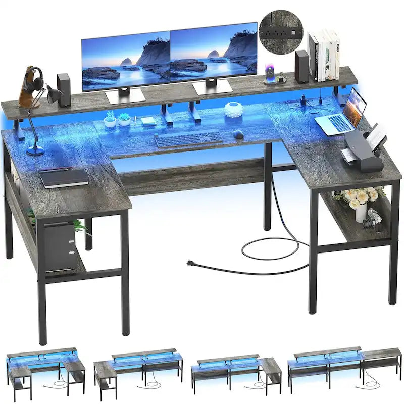 U-Shape Reversible Gaming Desk Monitor Computer Table with USB Ports and LED Lights