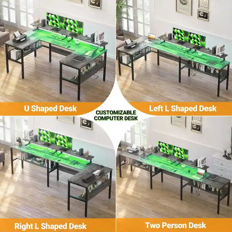 U-Shape Reversible Gaming Desk Monitor Computer Table with USB Ports and LED Lights
