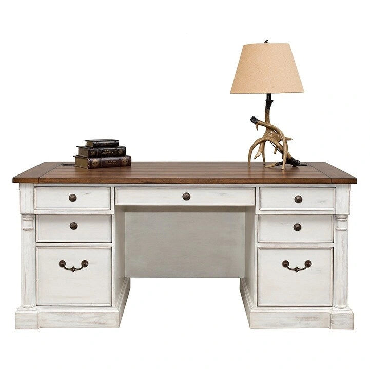 Rustic Wood Double Pedestal Executive Desk, Office Desk, Table, White