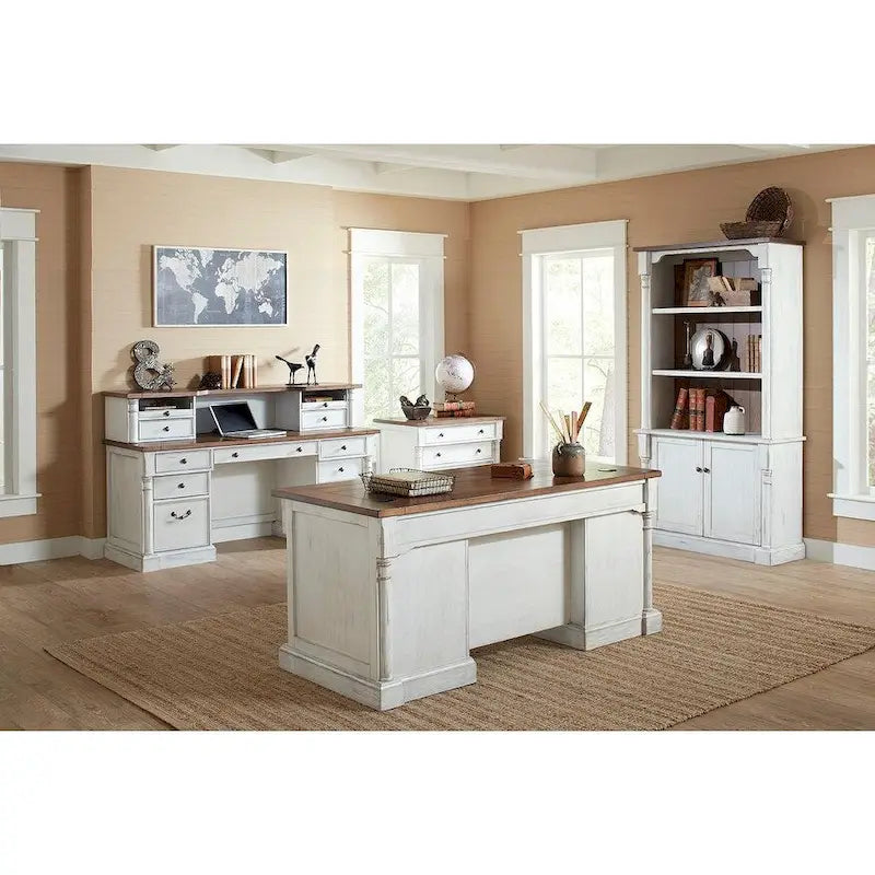 Rustic Wood Double Pedestal Executive Desk, Office Desk, Table, White