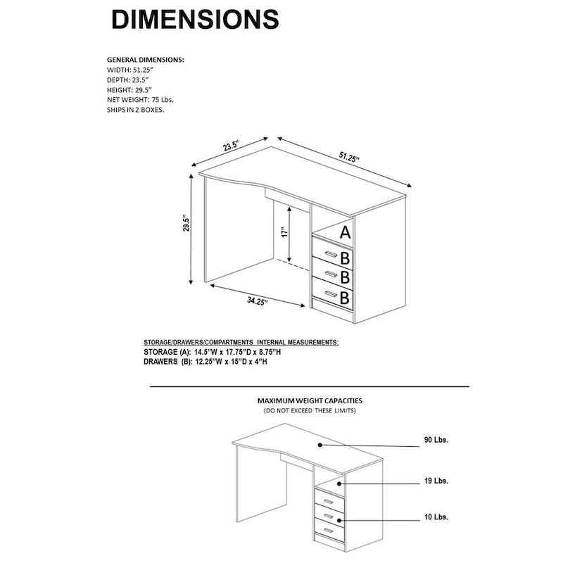 Modern Designs Classic 3-Drawer Computer Desk - Grey