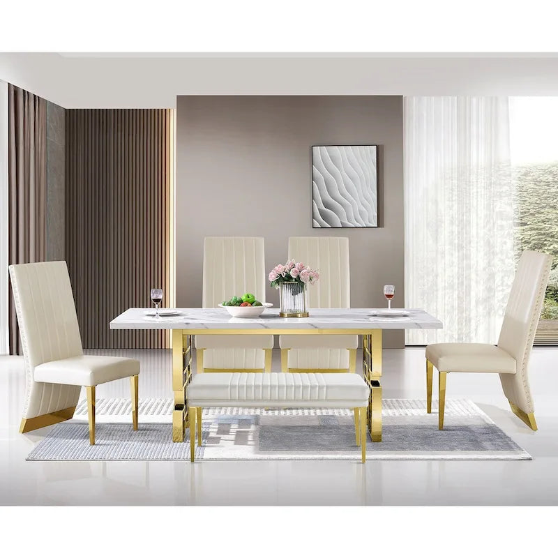 Luxury White Faux Marble Dining Table with 78 inch Top and Metal Base