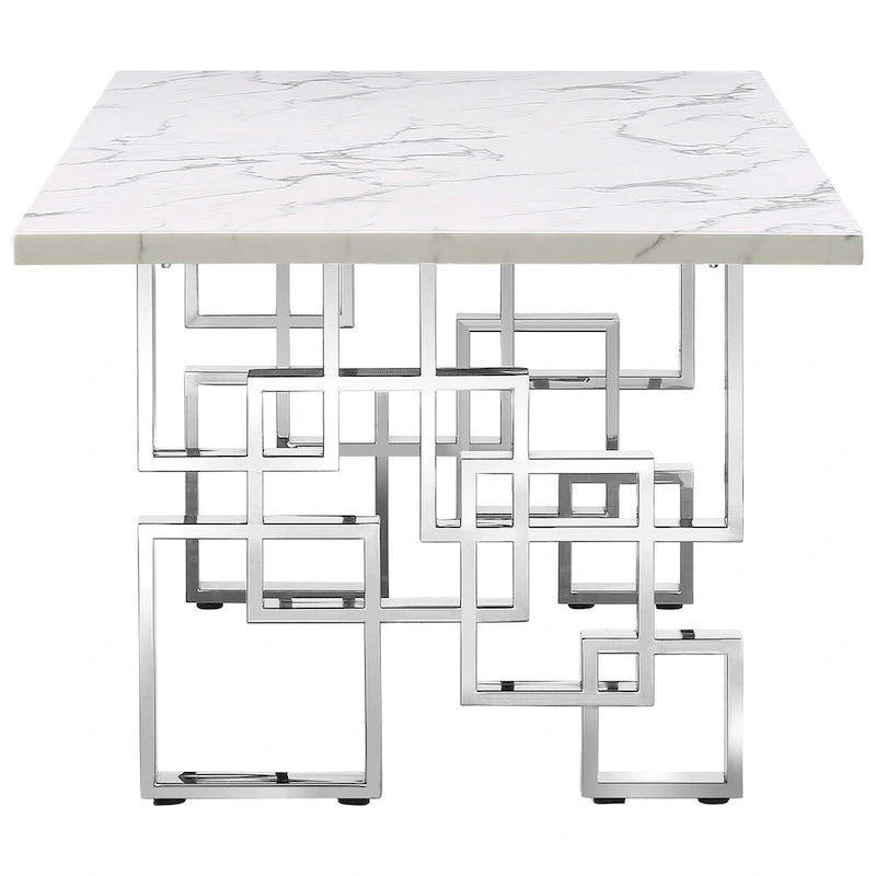 Luxury White Faux Marble Dining Table with 78 inch Top and Metal Base