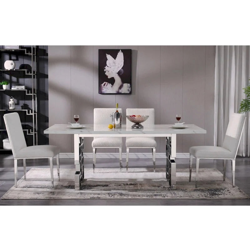 Luxury White Faux Marble Dining Table with 78 inch Top and Metal Base