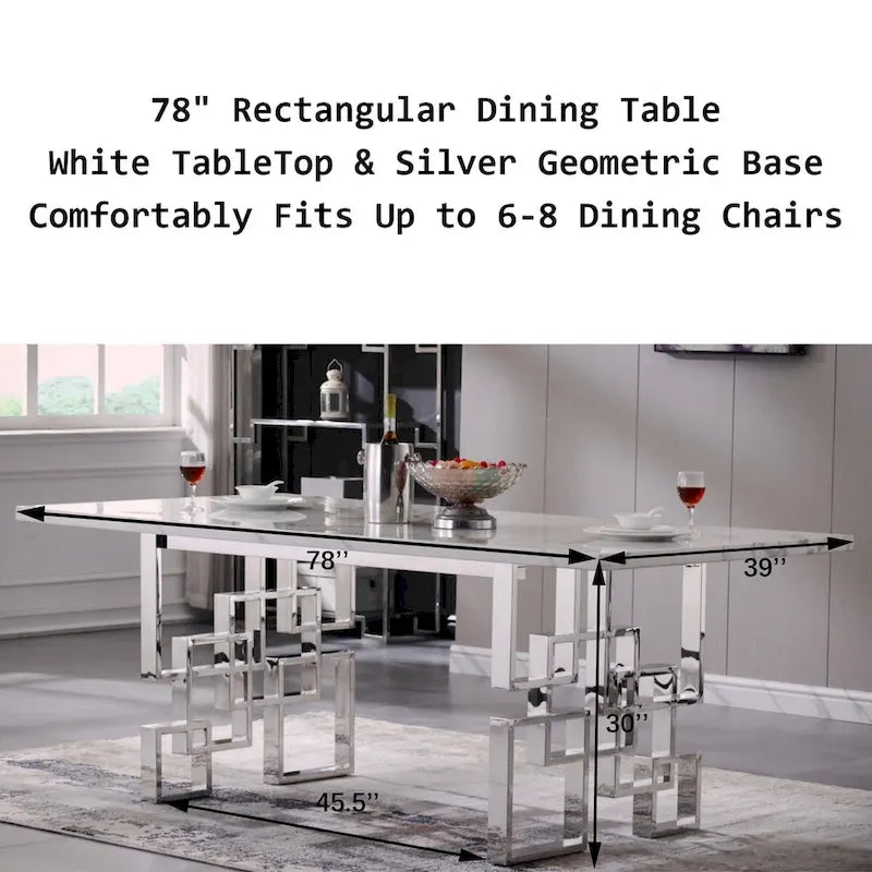 Luxury White Faux Marble Dining Table with 78 inch Top and Metal Base