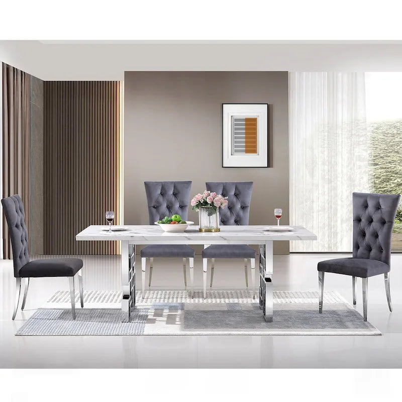Luxury White Faux Marble Dining Table with 78 inch Top and Metal Base