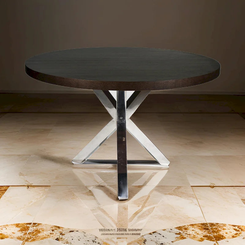 Emi 47 Inch Round Dining Table, X- Cross Brushed Steel, Dark Brown Wood