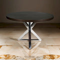 Emi 47 Inch Round Dining Table, X- Cross Brushed Steel, Dark Brown Wood