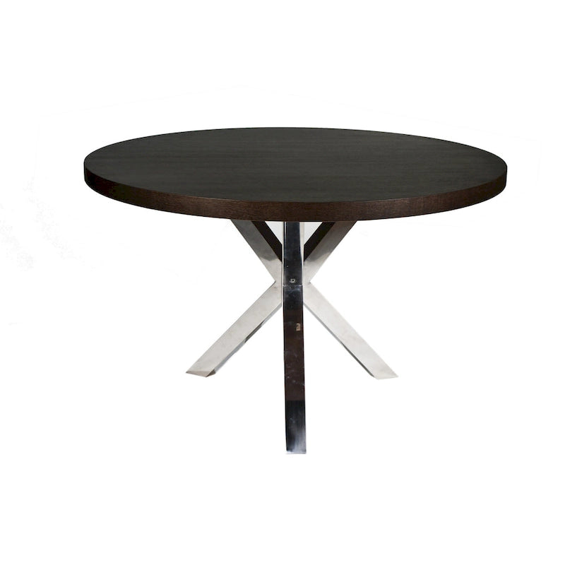 Emi 47 Inch Round Dining Table, X- Cross Brushed Steel, Dark Brown Wood