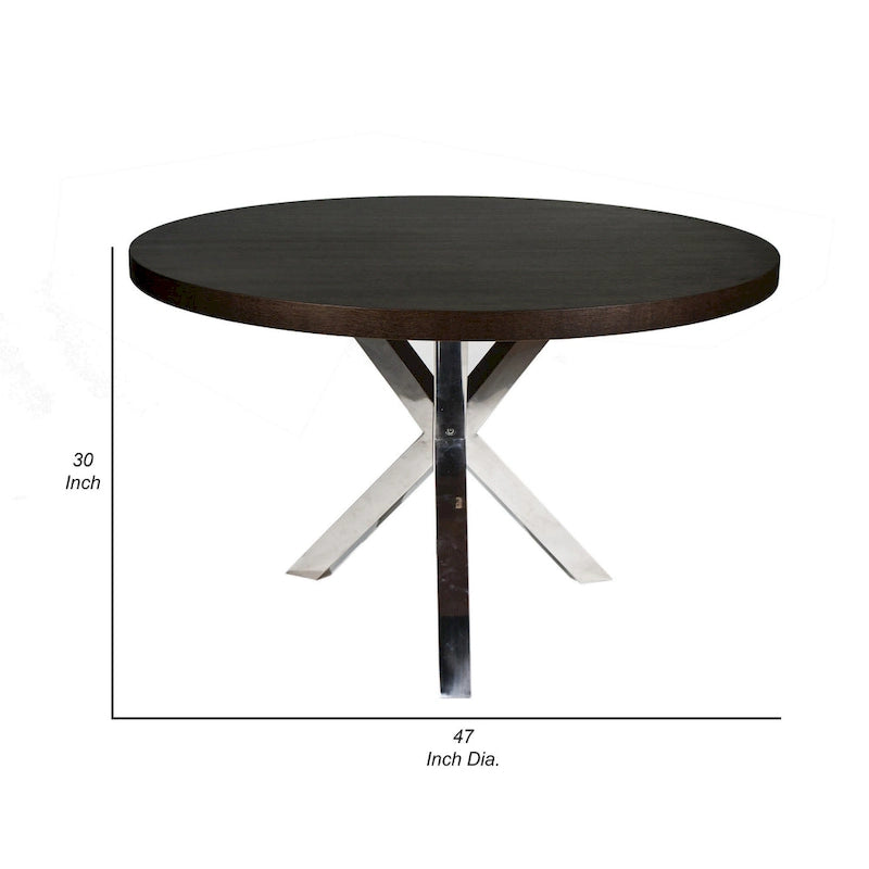 Emi 47 Inch Round Dining Table, X- Cross Brushed Steel, Dark Brown Wood
