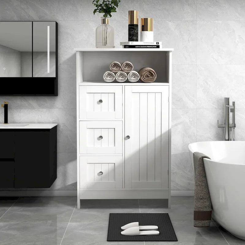 23.6W White Bathroom Freestanding Storage Cabinet Wood Linen Cabinet