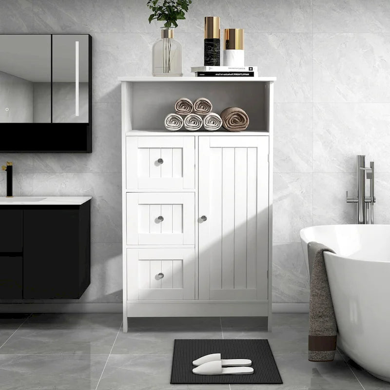 23.6W White Bathroom Freestanding Storage Cabinet Wood Linen Cabinet