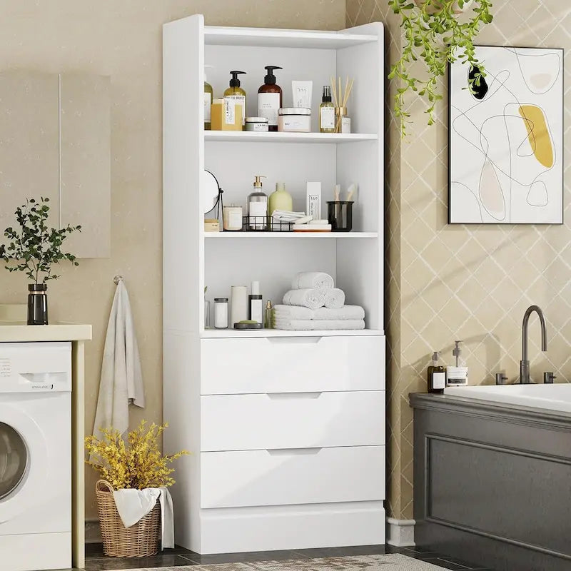 Kitchen Storage Cabinet Bookcase 3 Drawers Open Shelves - N/A