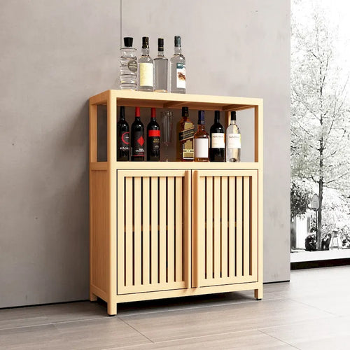 Bamboo Storage Cabinet, Freestanding Bathroom Cabinet with 2 Louvered Doors, Floor-Standing Cabinet