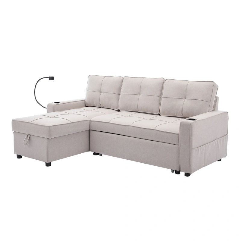 Linen Sleeper Sofa with Push-out Sofa Bed, Extra Storage Space, Phone Holder & USB Charger