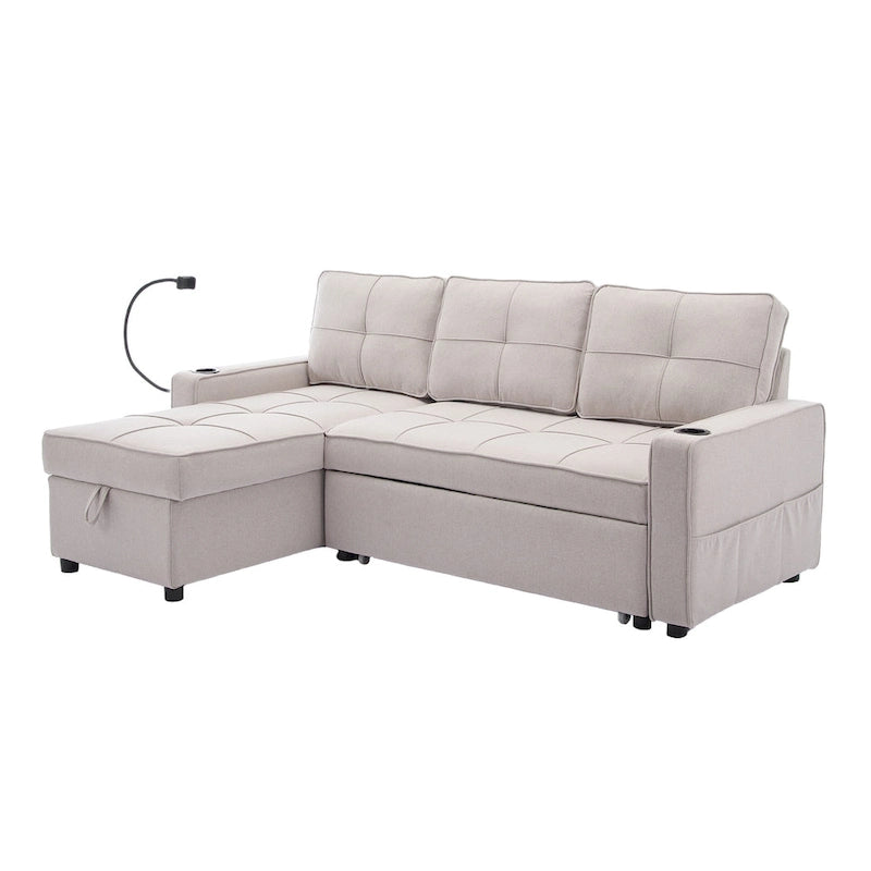 Linen Sleeper Sofa with Push-out Sofa Bed, Extra Storage Space, Phone Holder & USB Charger