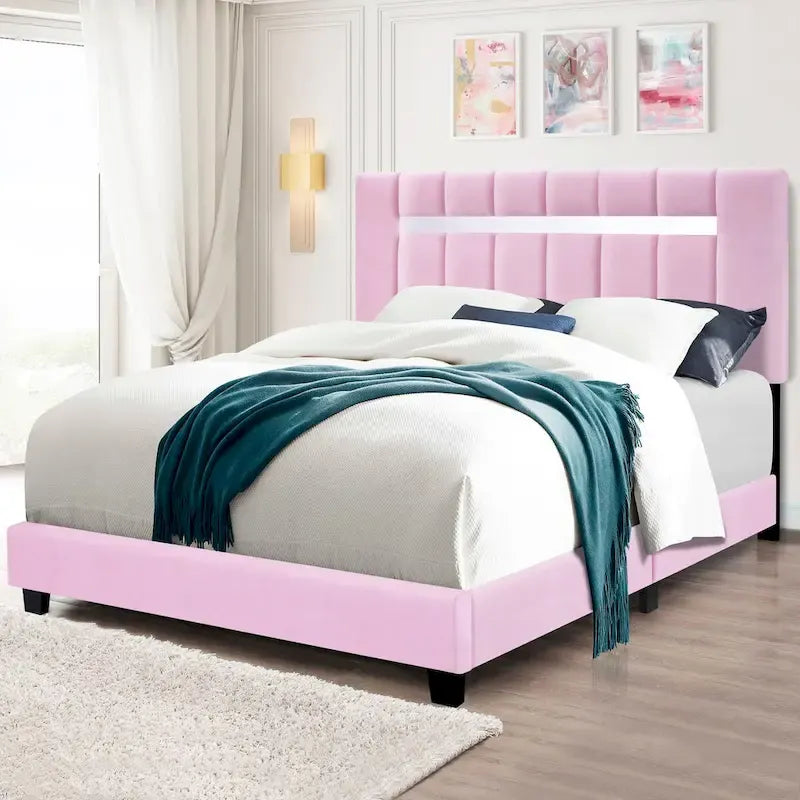 Queen Size Velvet Upholstered Bed Frame with Adjustable Features, Teenage Girl's Favorite Collection