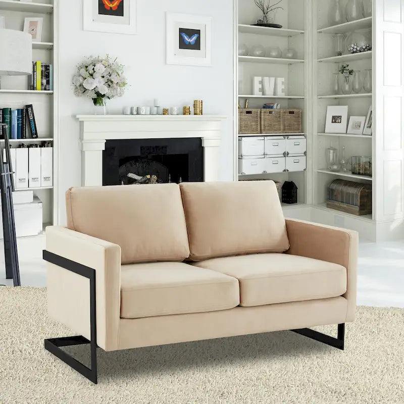 Upholstered Loveseat Sofa in Velvet Fabric with Removable Cushions and Stainless Steel Frame