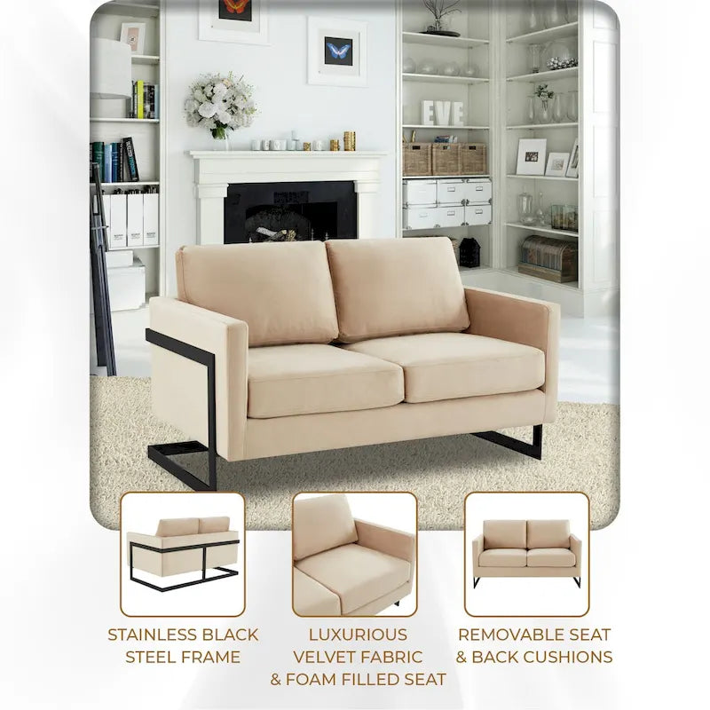 Upholstered Loveseat Sofa in Velvet Fabric with Removable Cushions and Stainless Steel Frame