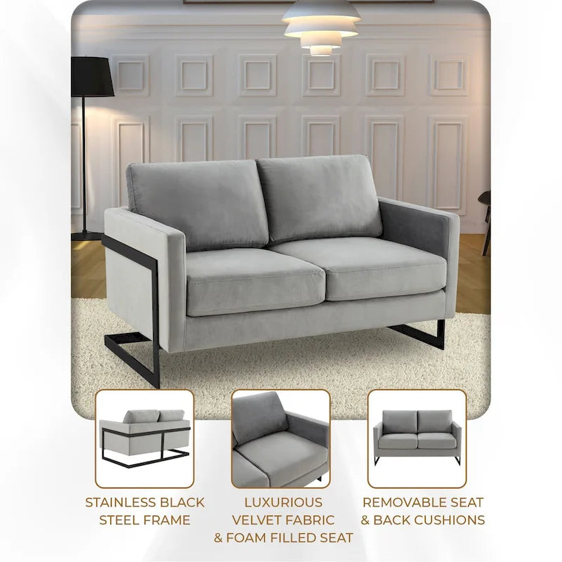 Upholstered Loveseat Sofa in Velvet Fabric with Removable Cushions and Stainless Steel Frame