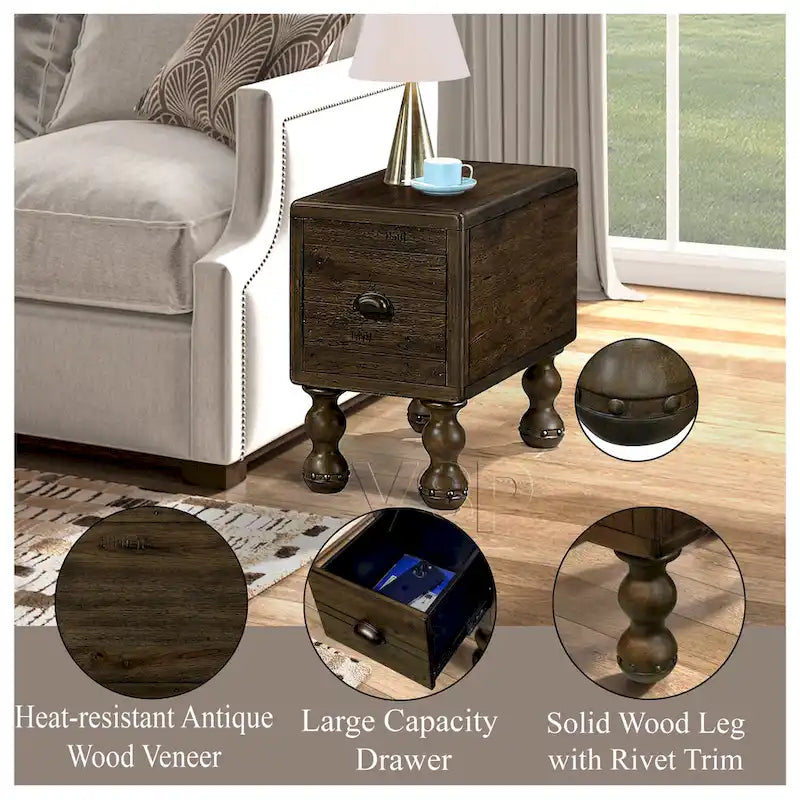 Solid Wood Rectangle End Table with Drawer