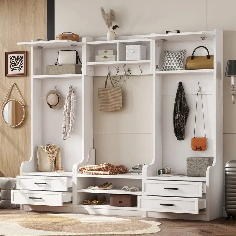 4-in-1 Detachable Hall Tree with Storage Cabinets and Hooks, Multifunctional Hallway Coat Rack with Drawers and Shoe Bench