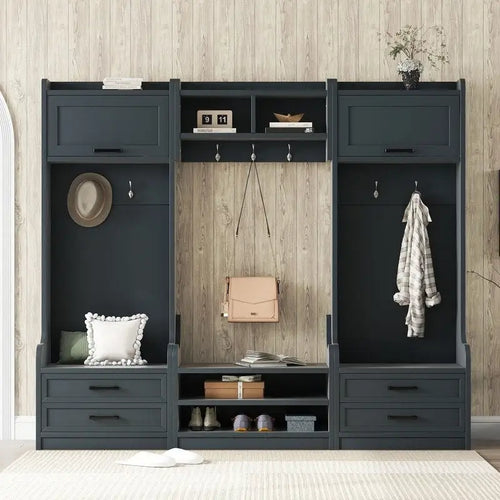4-in-1 Detachable Hall Tree with Storage Cabinets and Hooks, Multifunctional Hallway Coat Rack with Drawers and Shoe Bench