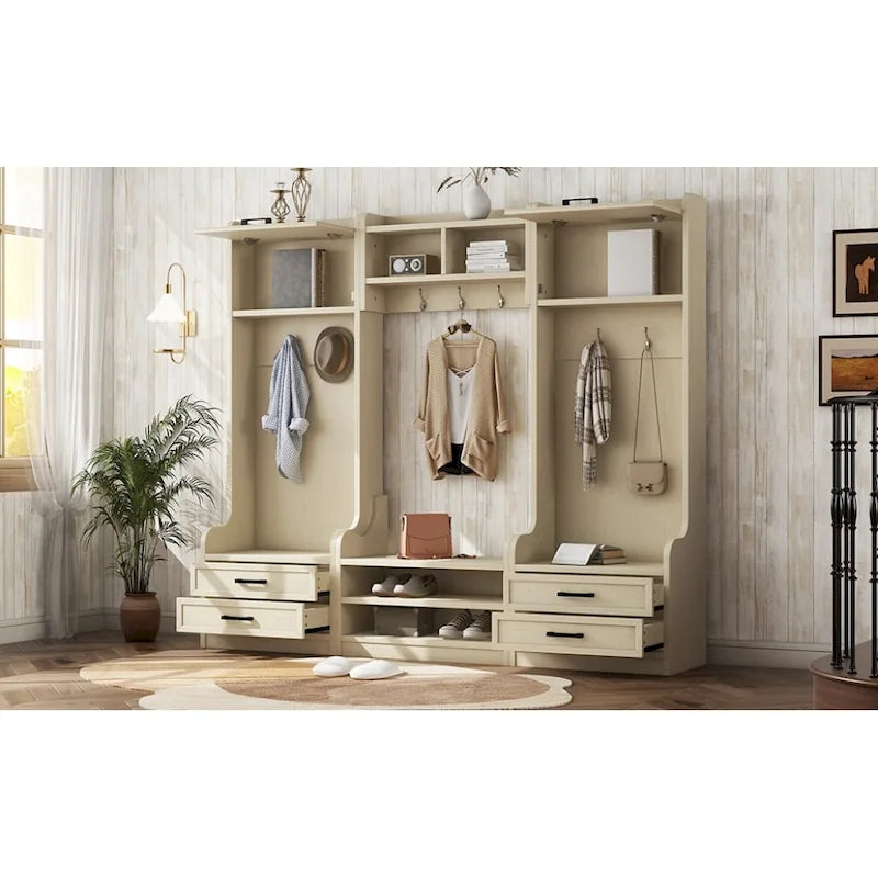 4-in-1 Detachable Hall Tree with Storage Cabinets and Hooks, Multifunctional Hallway Coat Rack with Drawers and Shoe Bench