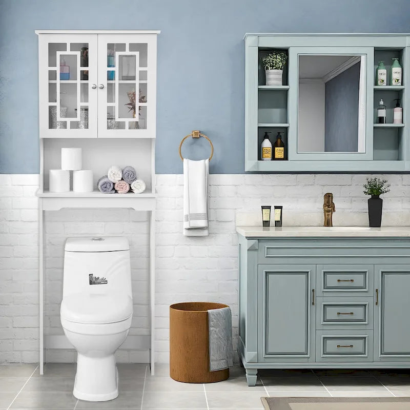 EROMMY Bathroom Organizer Over-The-Toilet Storage, Wooden Unit with 2 Glass Doors & Adjustable Shelf for Bathroom Use