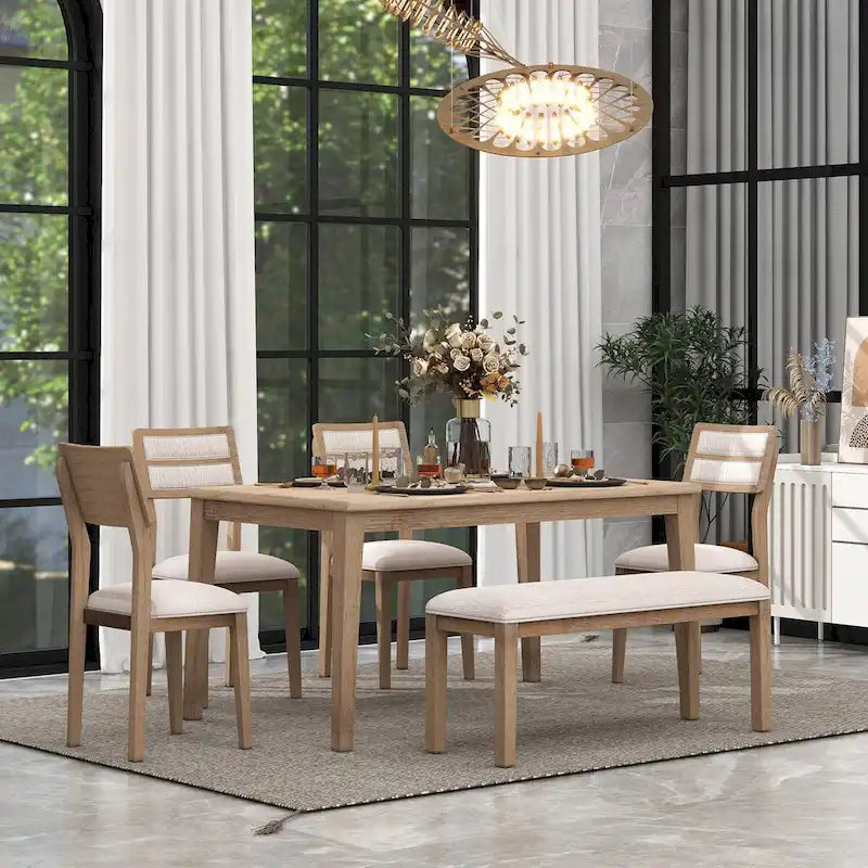 Natural Wood Wash Solid Wood 6-Piece Dining Table Set with Bench